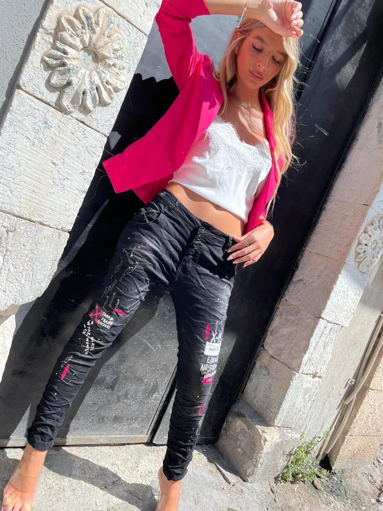 גינס כפתורים שחור פוקסיה