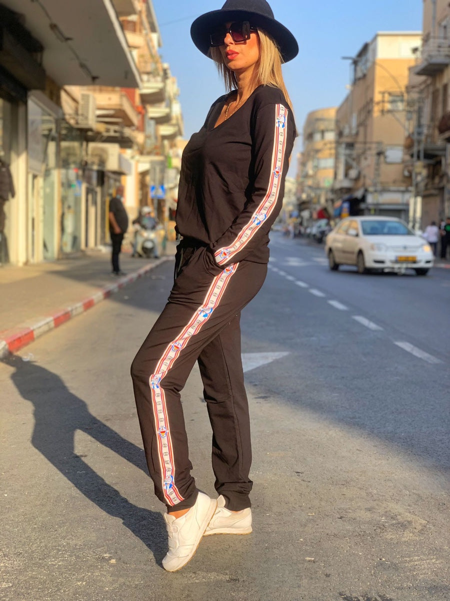 חליפה בון שחור פס לבן