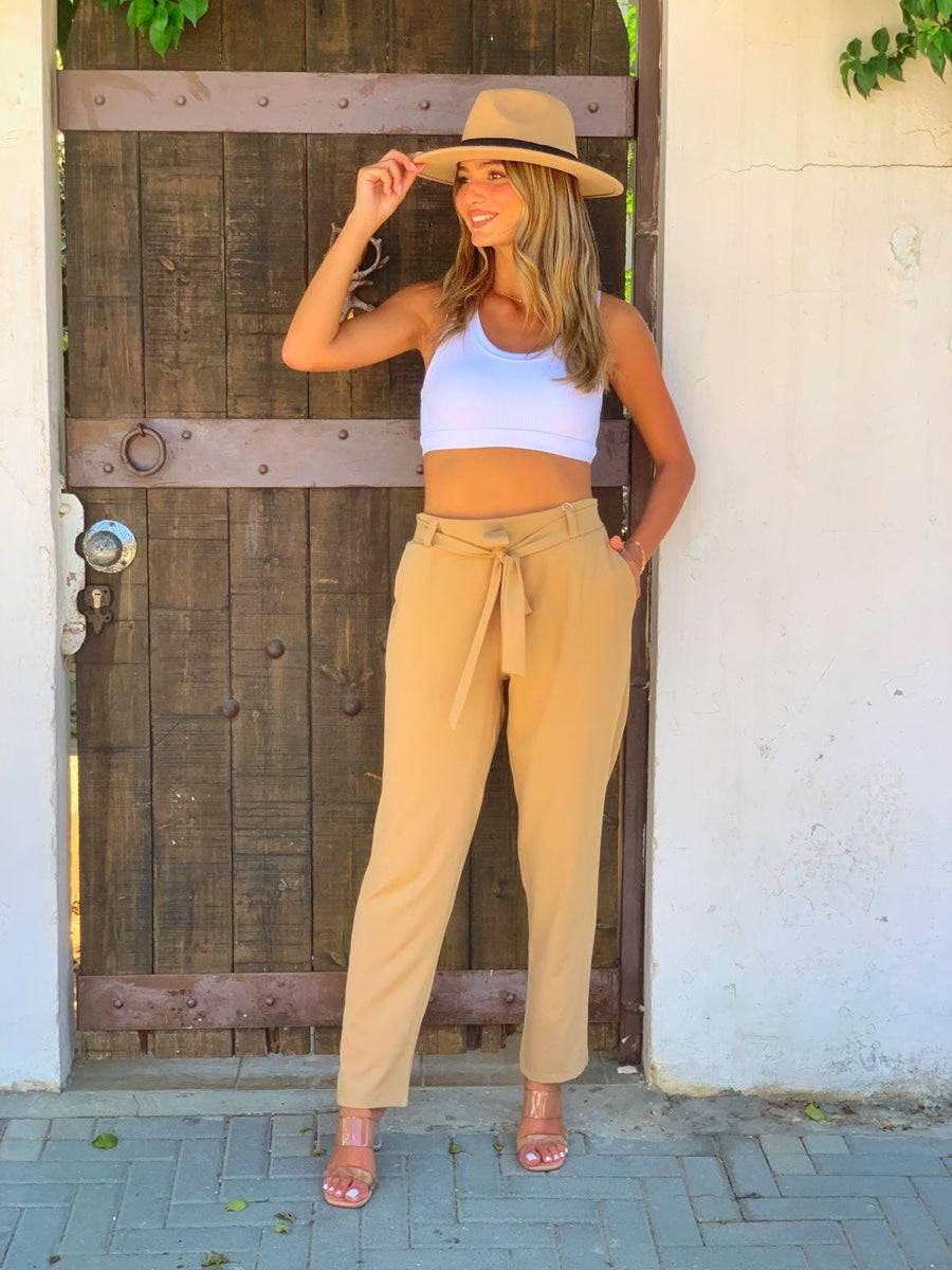 מכנס בד לוז קשירה קאמל